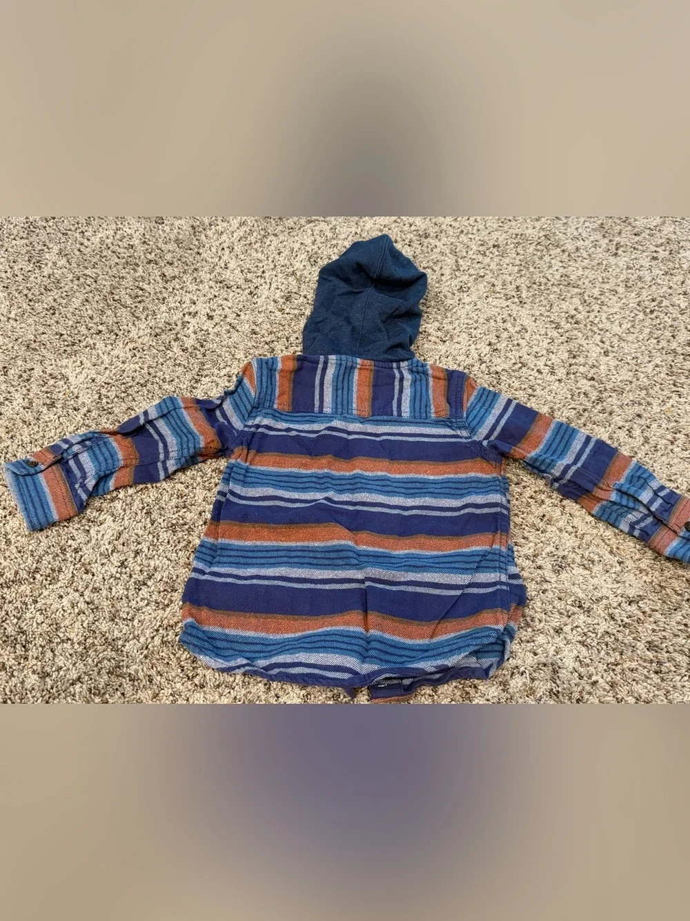 Oshkosh Striped Hooded Button-Front Shirt Jacket in Blue and Rust Sz 3T